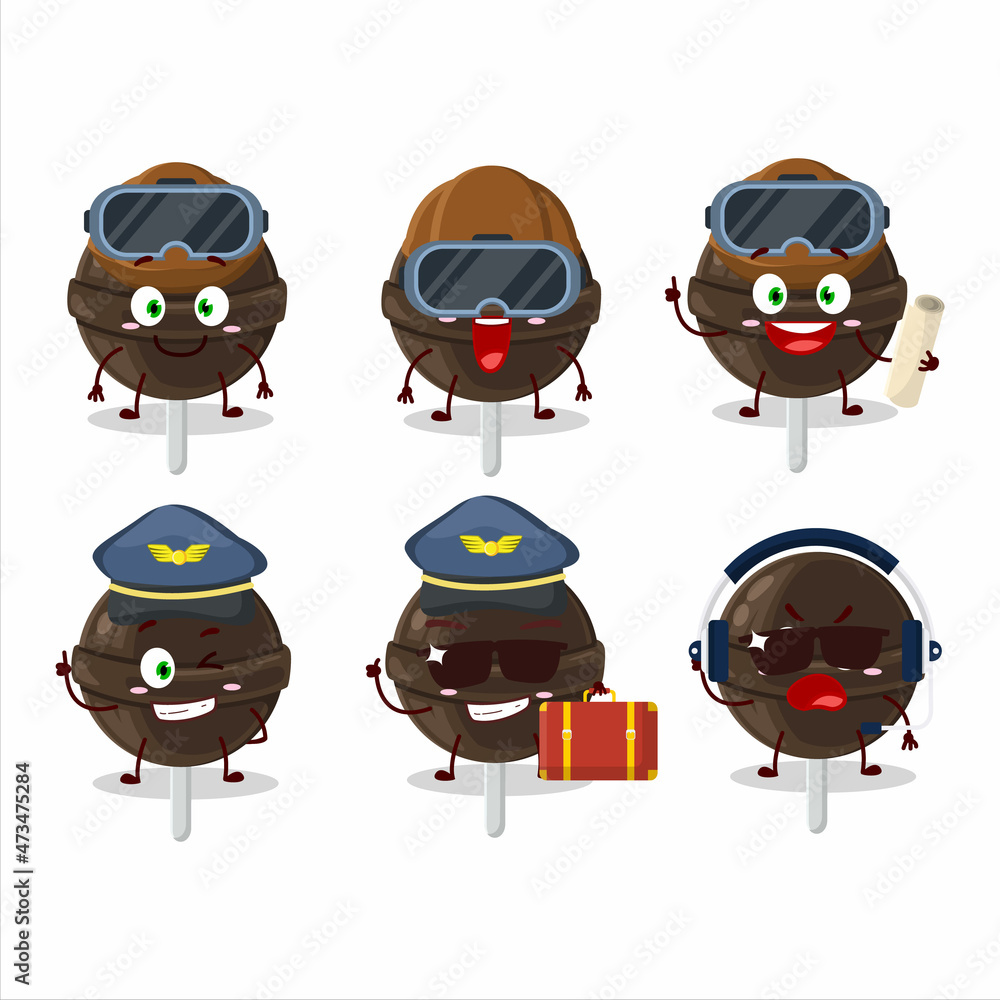 Pilot cartoon mascot sweet chocolate lolipop with glasses Pilot cartoon mascot sweet chocolate lolipop with glasses