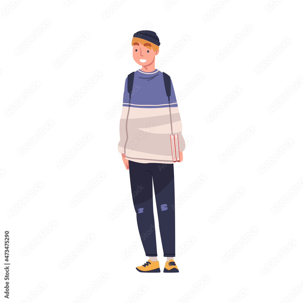 Man as Modern University Student Standing with Backpack and Book Vector Illustration