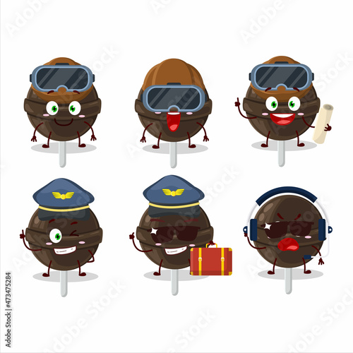 Pilot cartoon mascot sweet chocolate lolipop with glasses