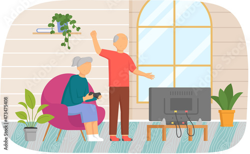 Old people playing video games. Seniors with gamepads play on console. Elderly characters have modern lifestyle, deal with technology. Retired couple holding controllers and playing video game