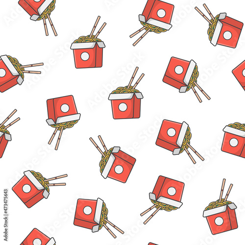 Box Of Noodles Seamless Pattern On A White Background. Oriental Noodle Food Theme Vector Illustration