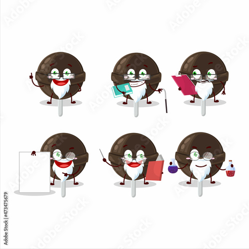 Professor sweet chocolate lolipop academic cartoon character working on laboratory