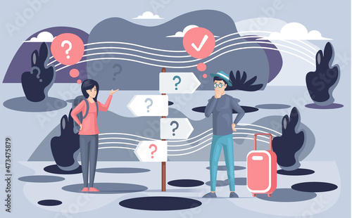 Making confusion choice of path. Man thought about solution to problem choose options person concept. Career, life and question decision. Person traveler with bag thinks hesitates to make ones choice