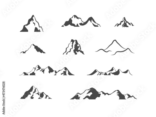 mountains, icons set isolated on white background, mountains shapes, different hills.