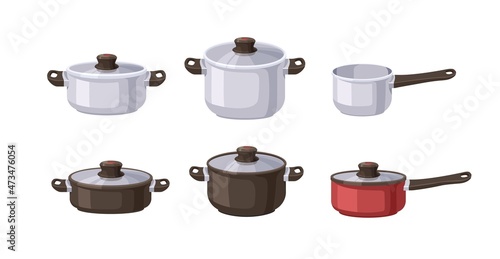 Saucepans, pans, cooking pots, stewpot with lids and handles. Metal utensils. Aluminum, cast iron and stainless steel kitchenware set. Flat vector illustration of kitchen items isolated on white photo