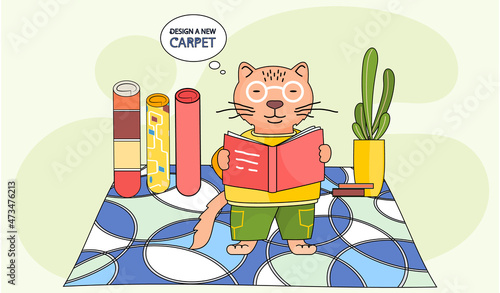 Design a new carpet. Cartoon character cat stands with book in childrens room with different rugs. Concept of choosing new carpet. Animal equips apartment, selects design for nursery and flooring