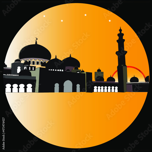 Islamic Masjid Mosque bulding in the Sun rise time or Sn set time with vector Illustration.Beautyful Mosque Design.