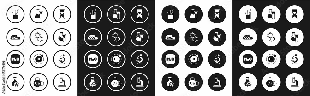 Set Old hourglass, Molecule, CO2 emissions in cloud, Laboratory glassware, Test tube, Microscope and Chemical formula H2O icon. Vector