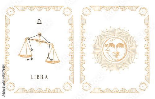 Libra zodiac symbol and constellation, old card.