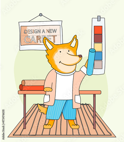 Design a new carpet. Cartoon character cute fox standing in childrens room with different rugs. Concept of choosing new carpet. Animal equips apartment, selects design for flooring, indoor decorating