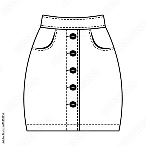 Denim skirt women's, technical drawing. Mini skirt isolated on a white background. Fashion women jeans clothes