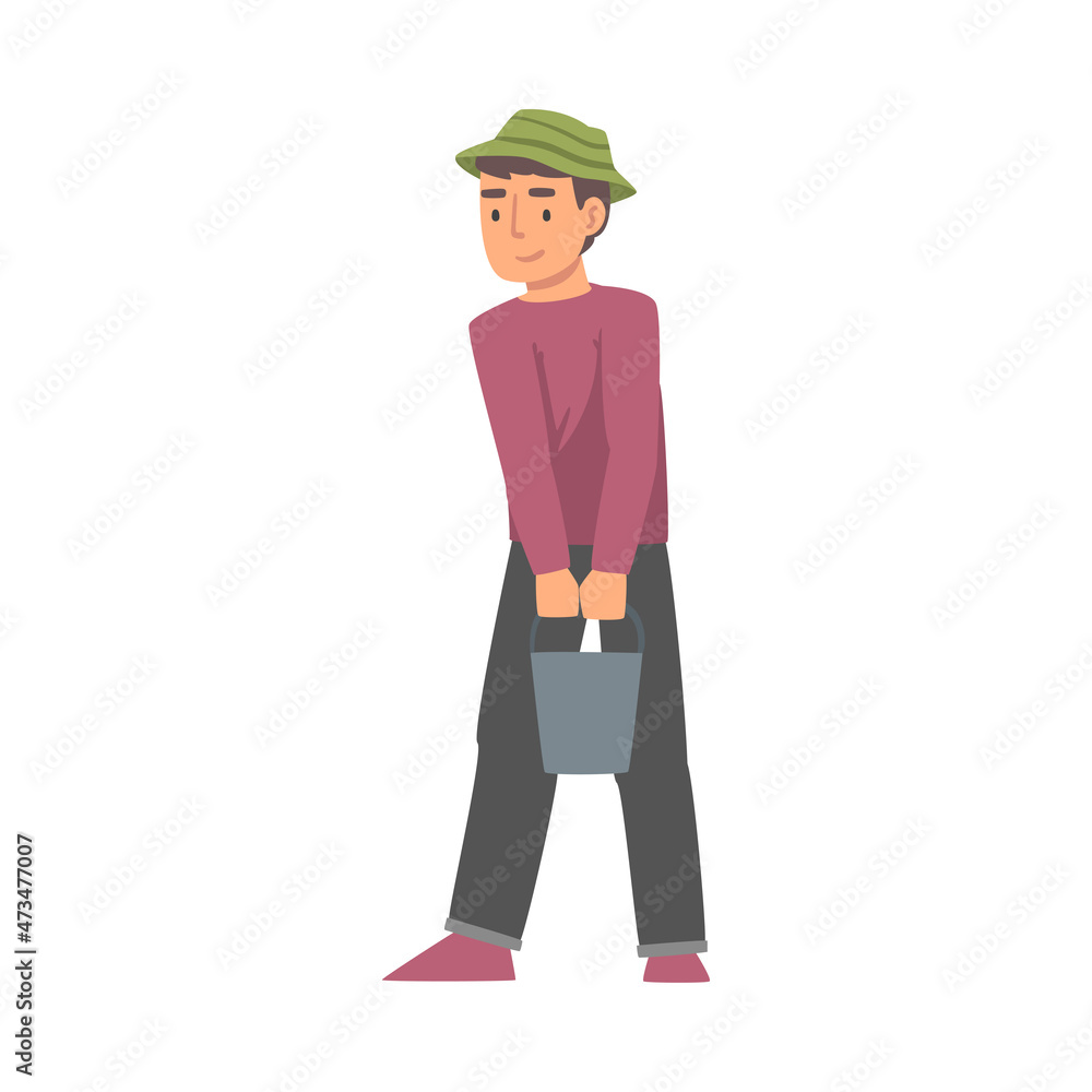 Young Man with Bucket Working in the Garden or Yard Vector Illustration