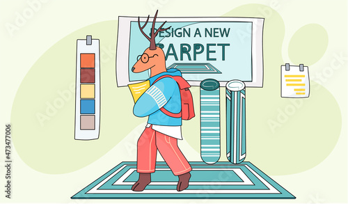 Design a new carpet. Cartoon character deer stands with backpack in childrens room with different rugs. Concept of choosing new carpet. Animal equips apartment, selects design for room and flooring