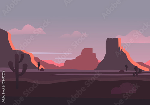 Desert with mountains at sunrise illustration. Purple dunes with brown stones pink skies and thorny plants natural panorama of sahara arid desert without oasis. Vector cartoon outdoor.