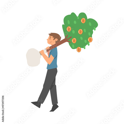 Man Character Carrying Money Tree Sapling for Planting Vector Illustration
