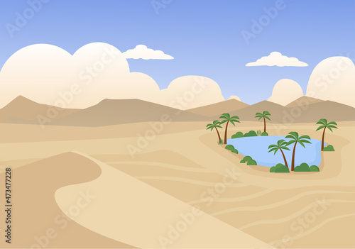 Desert with oasis and palm trees landscape. Brown sandy hills and hot blue sky with wilderness natural panorama environment with beautiful arid yelloe desert. Vector cartoon background.