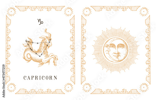 Capricorn zodiac symbol on old horoscope card.