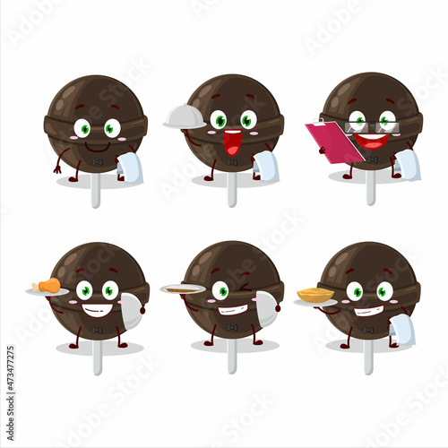 happy sweet chocolate lolipop waiter cartoon character holding a plate