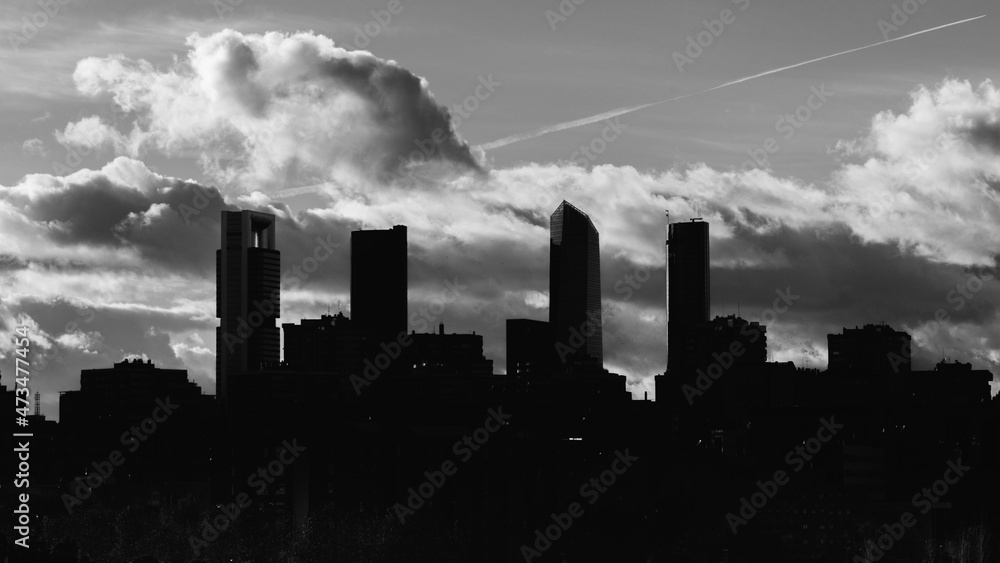 Silhouette of Madrid skyline - Cuatro Torres financial district