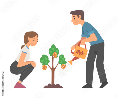 Man and Woman Character Watering Money Tree Cultivating It Vector Illustration