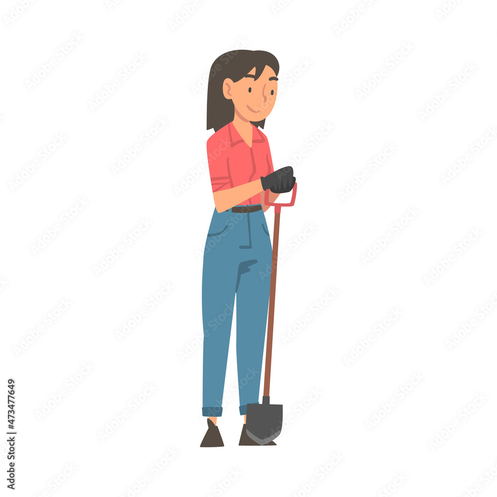 Young Woman with Shovel Working in the Garden or Yard Vector Illustration Young Woman with Shovel Working in the Garden or Yard Vector Illustration