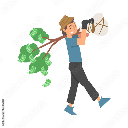 Man Character Carrying Money Tree Sapling for Planting Vector Illustration