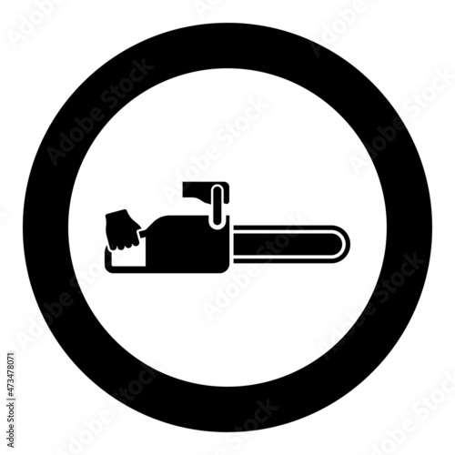 Chainsaw in hand lumberjack woodcutter icon in circle round black color vector illustration image solid outline style