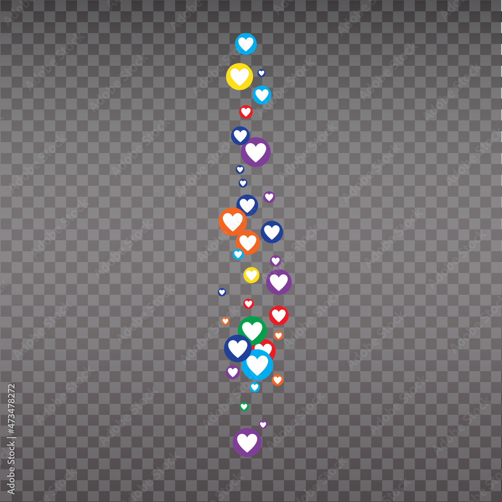 Live like, flying color hearts for stream. Live video and flying likes. Social media elements falling.
