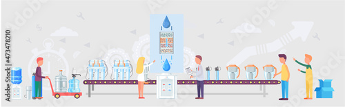 Water purification factory with workers inspecting quality production. Industrial automated water purification line. Production of household filters for water purification with conveyor equipment