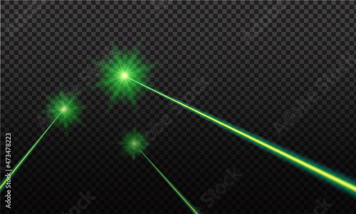 Green laser beam. Laser rays, green lighting effect on transparent black background.