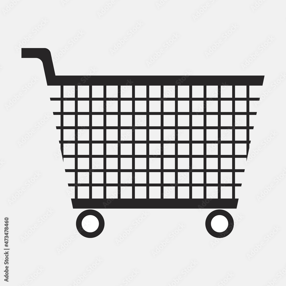 Grocery cart to facilitate movement of purchases in grocery stores. Shopping trolley in store. Mesh metal basket placed on frame with wheels. Horizontal and vertical stripes on basket. Simple icon Grocery cart to facilitate movement of purchases in grocery stores. Shopping trolley in store. Mesh metal basket placed on frame with wheels. Horizontal and vertical stripes on basket. Simple icon