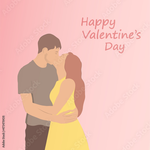 Boy and girl kissing valentine's day card in flat style