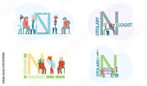 Otolaryngologist doctor with nose, ear and throat or ENT diagnostic and treatment instruments. Otology doctor with patient. Otorhinolaryngology healthcare medicine or otolaryngology diseases
