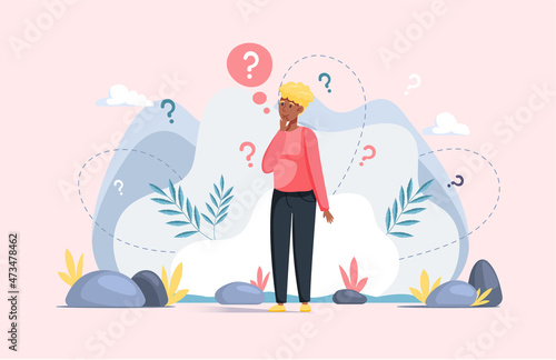 Making confusion. Woman thought about solution to problem, choose options person concept. Career, life and question decision process visualization. Person thinks hesitates to make ones choice