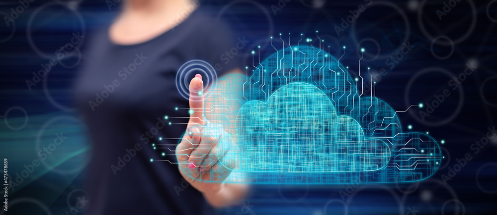 Woman touching a cloud networking concept Woman touching a cloud networking concept