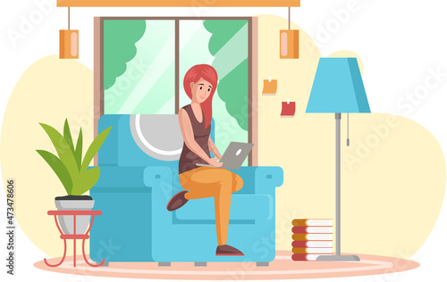 Female freelancer, student sitting at home with laptop. Working from home office. Young woman sitting on couch with computer and doing her work. Office employee doing task remotely with tablet