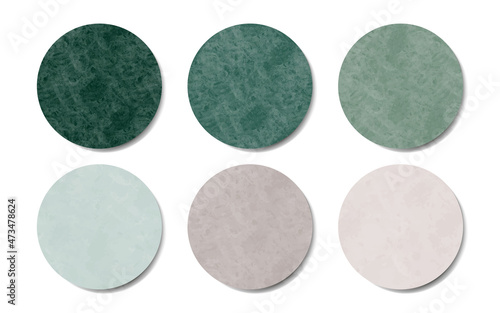 Set of round texture stickers. Soft pastel labels of different circles. Green and beige vector stickers for design mockups. Holographic textured stickers for preview tags, labels