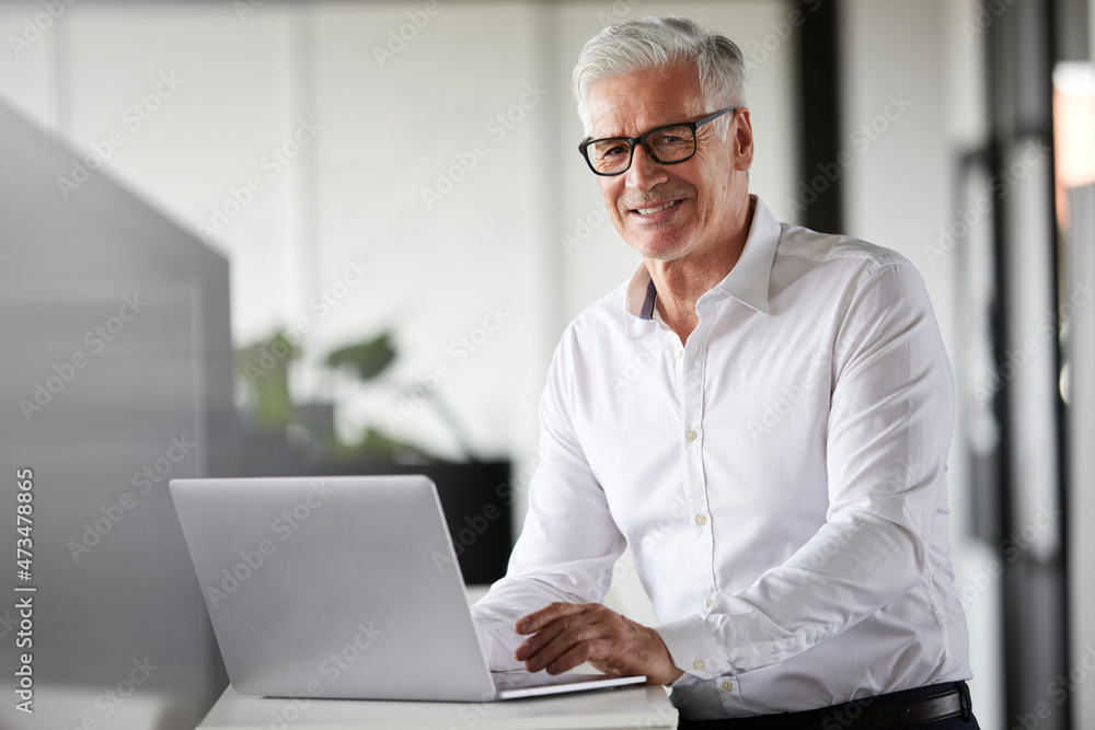 Smiling male entrepreneur with laptop in office Smiling male entrepreneur with laptop in office