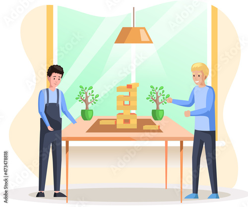 Man playing block tower home together. People with board game indoor. Male character is playing with logic game on weekend. Guy collects wooden tower from bricks. Wooden blocks stacked in high tower