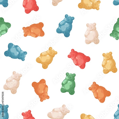 Gummy bears pattern. Seamless background with sweet jelly babies print. Endless texture with fruit gum candies. Funny sugar gelatins, repeating design. Colored flat vector illustration for wrapping