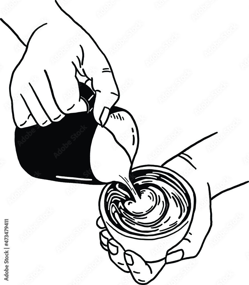 Making Latte art Barista pouring milk on Coffee Hand Draw line art Illustration Stock Vector