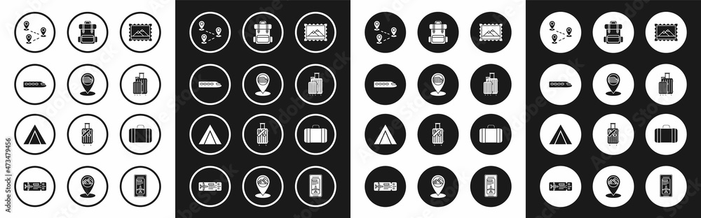 Set Postal stamp and Mountains, Map pointer with Coliseum Rome, Italy, Train, Route location, Suitcase for travel, Hiking backpack, and Tourist tent icon. Vector Set Postal stamp and Mountains, Map pointer with Coliseum Rome, Italy, Train, Route location, Suitcase for travel, Hiking backpack, and Tourist tent icon. Vector