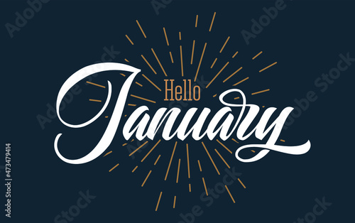 Hello January typography poster graphic design. Handwritten welcome January text, greeting card social media post template with lettering, brush stroke curve. Vector Illustration, white background