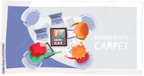 People interior designers working on design of new carpet, choosing template, meeting at table with tablet pc, select colors for interior design, commercial textile factory, team is working on rug