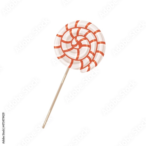 Lollipop on stick. Swirl twisted candy. Sweet round lollypop. Spiral lolly pop. Striped sugar sucker. Swirly dessert. Realistic flat vector illustration of confectionery isolated on white background