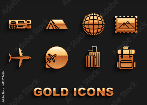 Set Globe with flying plane, Postal stamp and Mountains, Hiking backpack, Suitcase for travel, Plane, Earth globe, Cruise ticket traveling by ship and Tourist tent icon. Vector
