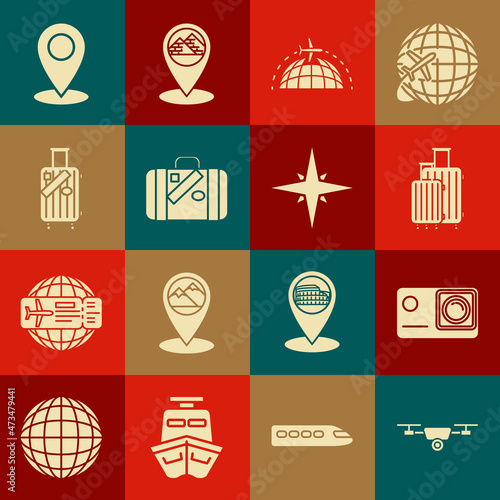 Set Drone flying with action video camera, Action extreme, Suitcase for travel, Globe plane, and stickers, Map pin and Wind rose icon. Vector