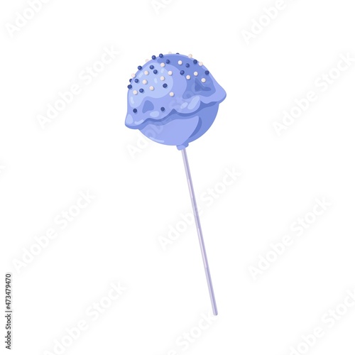 Lollipop candy on stick. Sweet roll pop decorated with sprinkles. Hard ball lollypop. Round sugar sucker. Yummy glossy lolly. Realistic flat vector illustration isolated on white background
