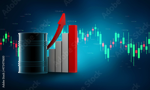 Oil / petrol price hike concept. Oil or petrol barrel and graph with growing arrow chart in abstract business background. 3d Illustration.
