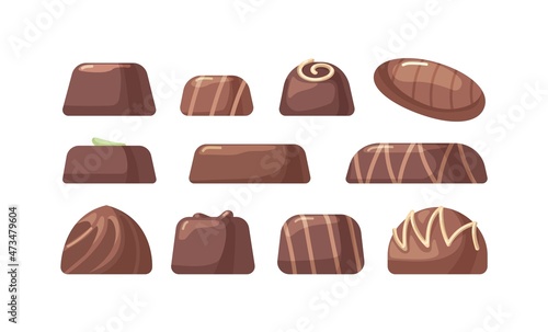 Dark and milk chocolate candies set. Sweet choco desserts. Assorted Swiss and Belgian bonbons. Cacao confectionery assortment. Realistic flat vector illustrations isolated on white background